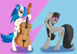 Size: 3508x2480 | Tagged: safe, artist:settop, dj pon-3, octavia melody, vinyl scratch, earth pony, pony, unicorn, bowtie, cello, duo, female, glasses, mare, musical instrument, standing