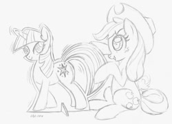 Size: 1389x1000 | Tagged: safe, artist:abronyaccount, derpibooru import, applejack, twilight sparkle, earth pony, pony, cardboard twilight, monochrome, newbie artist training grounds, solo, traditional art