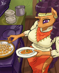 Size: 3200x4000 | Tagged: safe, artist:threewontoo, saffron masala, anthro, spice up your life, big breasts, breasts, busty saffron masala, cooking, cute, ear piercing, earring, female, food, high angle, high res, jewelry, kitchen, kurta, no pupils, oven, piercing, saffronbetes, side slit, solo, stove, stupid sexy saffron masala, the tasty treat