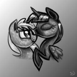 Size: 500x500 | Tagged: safe, artist:sallindaemon, derpibooru import, applejack, twilight sparkle, twilight sparkle (alicorn), alicorn, earth pony, pony, alternate design, dappled, female, kissing, lesbian, mare, monochrome, shipping, twijack