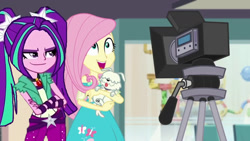 Size: 1280x720 | Tagged: safe, artist:bigpurplemuppet99, edit, edited screencap, screencap, aria blaze, fluttershy, dog, better together, equestria girls, outtakes (episode), ariashy, camera, female, flutterblaze, lesbian, shipping, tripod