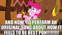 Size: 1280x720 | Tagged: safe, edit, edited screencap, editor:useraccount, screencap, pinkie pie, earth pony, pony, yakity-sax, best pony, dialogue, excessive exclamation marks, female, image macro, looking up, mare, meme, smiling, solo, song