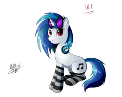 Size: 2000x1600 | Tagged: safe, artist:ollofkyser, dj pon-3, vinyl scratch, pony, unicorn, blue hair, clothes, cute, female, glasses, headphones, headset, looking at you, mare, red eyes, simple background, sitting, smiling, socks, solo, striped socks, vinylbetes, white background