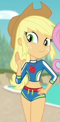 Size: 1008x2048 | Tagged: safe, screencap, applejack, better together, equestria girls, forgotten friendship, belly button, bikini, clothes, cropped, sexy, smiling, solo, swimsuit, waving