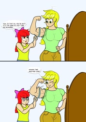 Size: 1216x1704 | Tagged: safe, artist:matchstickman, apple bloom, applejack, human, ..., applejacked, applerack, biceps, breasts, clothes, dialogue, duo, female, flexing, humanized, measuring tape, mirror, muscles, one eye closed, starry eyes, wingding eyes, wink