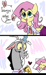 Size: 980x1570 | Tagged: safe, artist:sansdy, discord, fluttershy, draconequus, pegasus, pony, 2 panel comic, blushing, clothes, comic, dialogue, discoshy, female, folded wings, heart, male, mare, school uniform, shipping, straight, wings