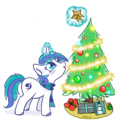 Size: 900x950 | Tagged: safe, artist:mcponyponypony, oc, oc only, oc:alba frostine, blushing, christmas, christmas lights, christmas theme, christmas tree, clothes, levitation, looking up, magic, open mouth, ornament, present, scarf, simple background, smiling, solo, telekinesis, tree, white background