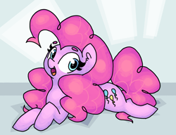 Size: 2600x2000 | Tagged: safe, artist:shovrike, pinkie pie, earth pony, pony, cute, diapinkes, ear fluff, female, high res, mare, open mouth, prone, simple background, solo, sploot