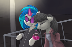 Size: 1428x932 | Tagged: safe, artist:haruhi-il, dj pon-3, octavia melody, vinyl scratch, earth pony, pony, unicorn, clothes, drink, female, floppy ears, glowing horn, lamppost, lesbian, magic, mare, scratchtavia, shipping, smiling, sunglasses