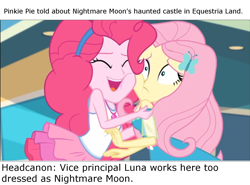 Size: 1460x1080 | Tagged: safe, edit, screencap, fluttershy, pinkie pie, better together, equestria girls, rollercoaster of friendship, geode of sugar bombs, headcanon, text