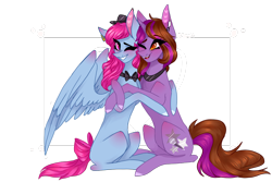 Size: 1024x683 | Tagged: safe, artist:jgreti, oc, oc only, oc:noty serdtsa, oc:symphony diamond, pegasus, pony, unicorn, bowtie, colored pupils, female, hug, mare, simple background, white background