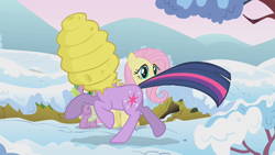 Size: 1280x720 | Tagged: safe, derpibooru import, screencap, fluttershy, spike, twilight sparkle, dragon, pegasus, pony, winter wrap up, beehive, running, snow