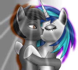 Size: 1300x1170 | Tagged: safe, edit, dj pon-3, vinyl scratch, oc, oc:howl, earth pony, pony, unicorn, canon x oc, duo, hug, kissing, remake, shipping