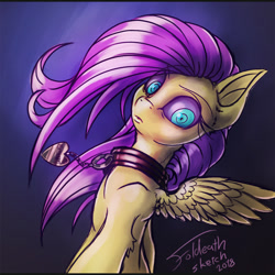 Size: 1024x1024 | Tagged: safe, artist:foldeath, fluttershy, pegasus, pony, collar, colored sclera, creepy, female, flutterpet, looking at you, pet play, pet tag, sketch, solo, spread wings, wings