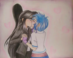 Size: 1167x922 | Tagged: safe, artist:rmariansj, dj pon-3, octavia melody, vinyl scratch, human, blushing, cello, clothes, eyes closed, female, fingerless gloves, gloves, headphones, heart, holding hands, humanized, kissing, lesbian, musical instrument, scratchtavia, shipping, traditional art