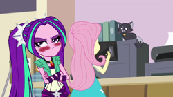 Size: 1280x720 | Tagged: safe, artist:bigpurplemuppet99, edit, edited screencap, screencap, aria blaze, fluttershy, cat, better together, equestria girls, outtakes (episode), ariashy, blushing, camera, female, flutterblaze, lesbian, shipping