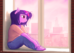 Size: 1600x1154 | Tagged: safe, artist:shiropoint, derpibooru import, twilight sparkle, anthro, clothes, pants, shirt, sitting, solo, window