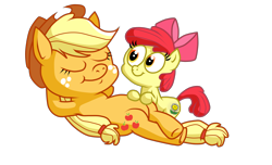 Size: 3000x1818 | Tagged: safe, artist:luuandherdraws, apple bloom, applejack, earth pony, pony, .mov, arm behind head, armpits, jappleack, on back, pony.mov, simple background, transparent background