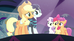 Size: 1280x720 | Tagged: safe, screencap, apple bloom, applejack, coloratura, scootaloo, sweetie belle, earth pony, pony, the mane attraction, cutie mark crusaders, equestrian flag, stage