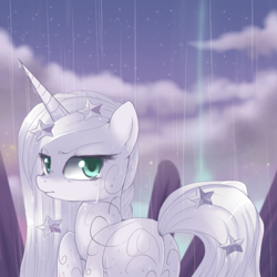 Size: 400x400 | Tagged: safe, artist:loyaldis, princess silver swirl, pony, unicorn, g2, crying, female, g2 to g4, generation leap, looking back, mare, rain, solo, wet mane