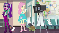 Size: 1280x720 | Tagged: safe, artist:bigpurplemuppet99, edit, edited screencap, screencap, aria blaze, fluttershy, better together, equestria girls, outtakes (episode), ariashy, blushing, camera, female, flutterblaze, lesbian, shipping, tripod