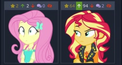 Size: 640x344 | Tagged: safe, artist:thebarsection, fluttershy, sunset shimmer, better together, equestria girls, derpibooru, exploitable meme, forced juxtaposition, juxtaposition, meme, meta