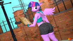 Size: 1280x720 | Tagged: safe, alternate version, artist:hyperwave9000, derpibooru import, twilight sparkle, twilight sparkle (alicorn), alicorn, anthro, 3d, ass, book, breasts, clothes, female, fingerless gloves, from behind, gloves, looking at you, looking back, no tail, scrunchy face, shorts, sideboob, solo, source filmmaker, tanktop, twibutt