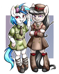 Size: 850x1056 | Tagged: safe, artist:hobilo, dj pon-3, octavia melody, vinyl scratch, anthro, earth pony, semi-anthro, unicorn, bipedal, clothes, coat, duo, female, glasses, hat, mare, necktie, riding crop