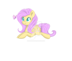 Size: 1024x878 | Tagged: safe, artist:sparkleshadow, fluttershy, butterfly, pegasus, pony, deviantart watermark, female, folded wings, looking at something, lying down, mare, obtrusive watermark, prone, simple background, solo, transparent background, watermark, wings