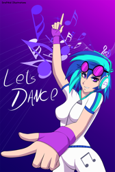 Size: 1080x1611 | Tagged: safe, artist:draftkid, dj pon-3, vinyl scratch, human, clothes, female, fingerless gloves, glasses, gloves, headphones, humanized, solo