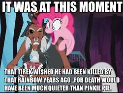 Size: 767x576 | Tagged: safe, edit, edited screencap, screencap, lord tirek, pinkie pie, centaur, earth pony, pony, school raze, annoyed, cake, cropped, duo, female, food, hat, image macro, male, mare, meme, nose piercing, nose ring, open mouth, party hat, piercing, pinkie being pinkie, tartarus