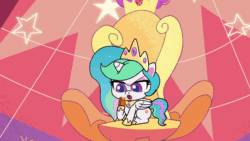 Size: 800x450 | Tagged: safe, screencap, princess celestia, alicorn, pony, my little pony: pony life, princess probz, spoiler:pony life s01e01, animated, crown, excited, food, gif, jelly, jewelry, looking at something, regalia, sitting, solo, throne, wings