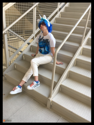 Size: 3024x4032 | Tagged: safe, artist:krazykari, dj pon-3, vinyl scratch, human, absurd resolution, clothes, cosplay, costume, high res, irl, irl human, photo, solo, stairs