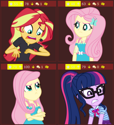 Size: 448x494 | Tagged: safe, artist:sketchmcreations, fluttershy, sci-twi, sunset shimmer, twilight sparkle, better together, equestria girls, cute, derpibooru, duality, juxtaposition, meme, meta, shyabetes, vector