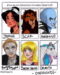 Size: 2136x2680 | Tagged: safe, artist:oasiswinds, princess celestia, alicorn, big cat, human, lion, pony, aladdin, bust, choker, clothes, crossover, ear piercing, eye scar, female, hoers, jewelry, male, mare, mask, megamind, mina aino, open mouth, phantom of the opera, piercing, princess jasmine, sailor moon, sailor venus, scar, scar (the lion king), six fanarts, smiling