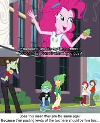 Size: 1920x2345 | Tagged: safe, edit, screencap, normal norman, pinkie pie, rose heart, snails, snips, sophisticata, better together, equestria girls, text support, background human, female, geode of sugar bombs, magical geodes, male, meta, smiling, text