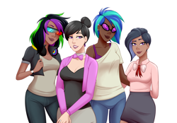 Size: 1280x892 | Tagged: safe, artist:emberfan11, dj pon-3, octavia melody, vinyl scratch, oc, oc:nuance harmoney, oc:sawtooth vibe, human, alternate hairstyle, bowtie, bra, breasts, cardigan, clothes, commission, dark skin, ear piercing, earring, family, female, glasses, hair bun, headphones, human female, humanized, icey-verse, jacket, jeans, jewelry, leather jacket, lesbian, lidded eyes, lipstick, magical lesbian spawn, next generation, offspring, pants, parent:octavia melody, parent:vinyl scratch, parents:scratchtavia, piercing, ring, scratchtavia, shipping, shirt, simple background, skirt, t-shirt, tanktop, underwear, watch, wedding ring, white background