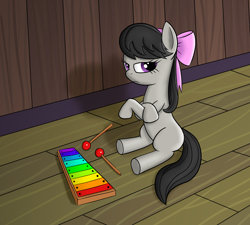 Size: 1600x1438 | Tagged: safe, artist:styroponyworks, artist:tech--pony, octavia melody, earth pony, pony, bow, female, filly, hair bow, looking at you, solo, xylophone, younger