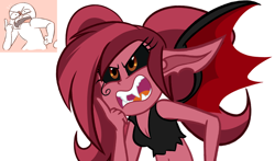 Size: 1024x602 | Tagged: safe, artist:wubcakeva, oc, oc only, oc:scarlett, succubus, equestria girls, black sclera, expressions, fangs, meme, simple background, solo, white background