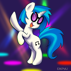 Size: 1000x1000 | Tagged: safe, artist:empyu, dj pon-3, vinyl scratch, pony, unicorn, female, mare, open mouth, rave, rearing, smiling, solo, sunglasses