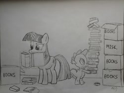 Size: 2048x1536 | Tagged: safe, artist:mopar96, derpibooru import, spike, twilight sparkle, dragon, book, box, glowing horn, levitation, magic, monochrome, newbie artist training grounds, telekinesis, traditional art