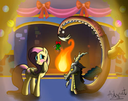 Size: 755x597 | Tagged: safe, artist:artspirit00, discord, fluttershy, draconequus, pegasus, pony, baubles, christmas, discoshy, female, fireplace, holiday, male, mistletoe, shipping, straight