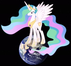 Size: 1920x1774 | Tagged: safe, artist:martinnus1, artist:princesslunayay, princess celestia, alicorn, pony, deviantart watermark, earth, female, giant pony, giantess, giantlestia, looking down, macro, mare, mega celestia, mega giant, obtrusive watermark, planet, pony bigger than a planet, simple background, smug, solo, space, tall alicorn, tangible heavenly object, this will end in death, watermark