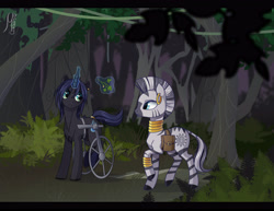 Size: 5000x3866 | Tagged: safe, artist:margony, zecora, oc, zebra, arctic burn, bag, forest, magic, wheelchair