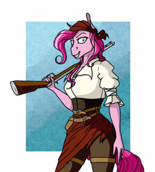 Size: 1280x1424 | Tagged: safe, artist:akweer, pinkie pie, anthro, earth pony, bandana, clothes, grin, gun, musket, smiling, solo, weapon