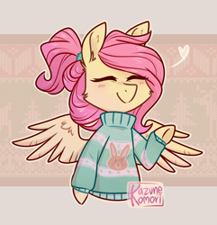 Size: 932x968 | Tagged: safe, artist:kazunekomori, fluttershy, pegasus, pony, alternate hairstyle, bust, clothes, cute, eyes closed, female, heart, mare, portrait, raised hoof, shyabetes, smiling, solo, spread wings, sweater, three quarter view, wings