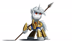 Size: 2500x1429 | Tagged: safe, artist:ncmares, oc, oc only, oc:ultima, pony, unicorn, armor, simple background, solo, spear, weapon, white background