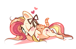 Size: 1000x646 | Tagged: safe, artist:ipun, oc, oc only, oc:painted paws, cat, pony, unicorn, blushing, bow, female, heart, heart eyes, mare, one eye closed, simple background, solo, white background, wingding eyes