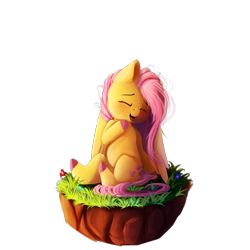 Size: 4400x4400 | Tagged: safe, artist:miokomata, fluttershy, pegasus, pony, absurd resolution, colored hooves, cute, dirt cube, eyes closed, female, floating island, freckles, head turn, mare, open mouth, shyabetes, simple background, sitting, smiling, solo, transparent background