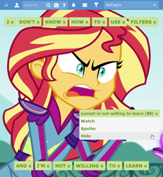 Size: 799x864 | Tagged: safe, edit, edited screencap, screencap, sunset shimmer, equestria girls, friendship games, derpibooru, exploitable meme, filters, image macro, meme, meta, sunset is not willing to learn, tags